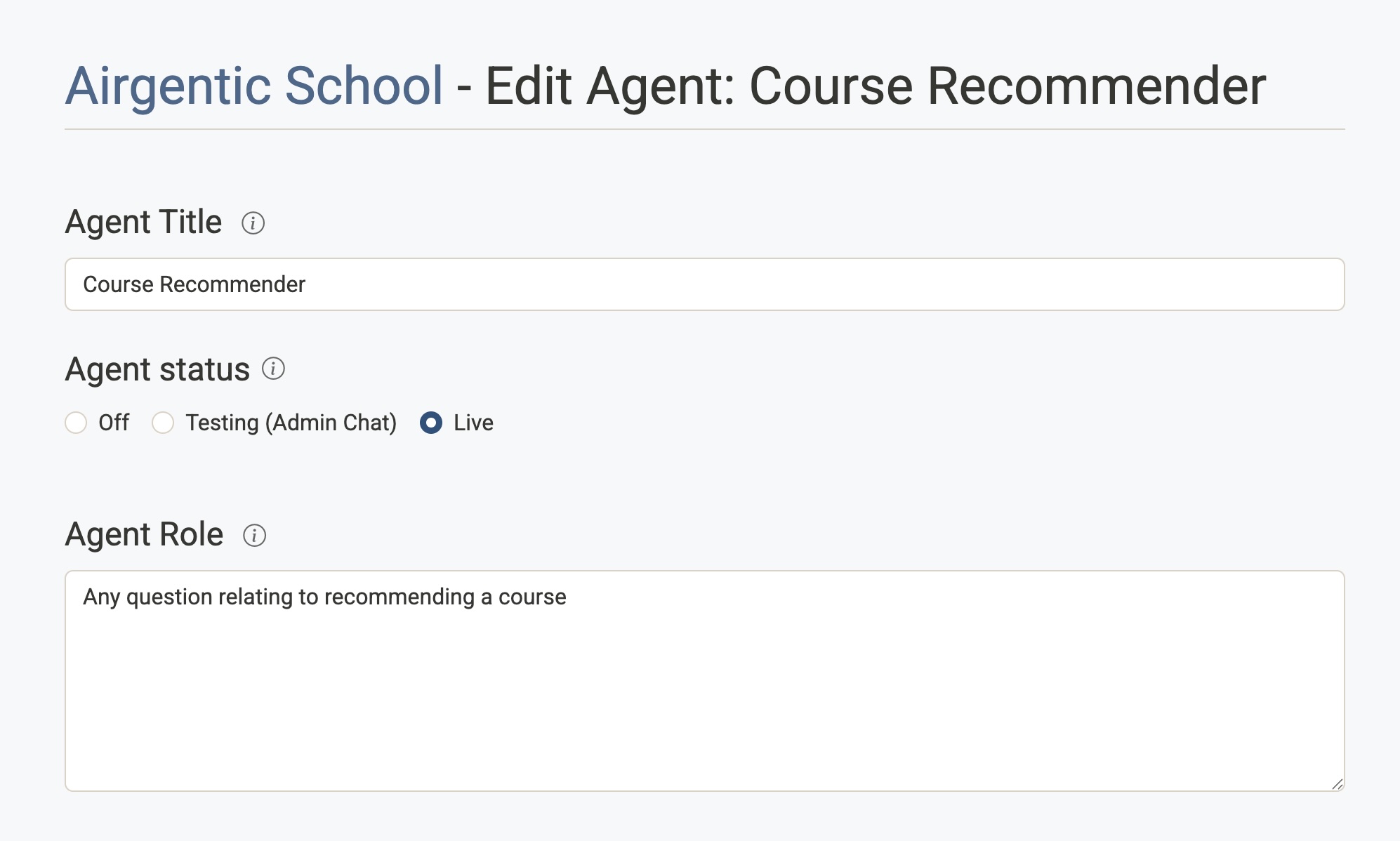 Agent configuration screen